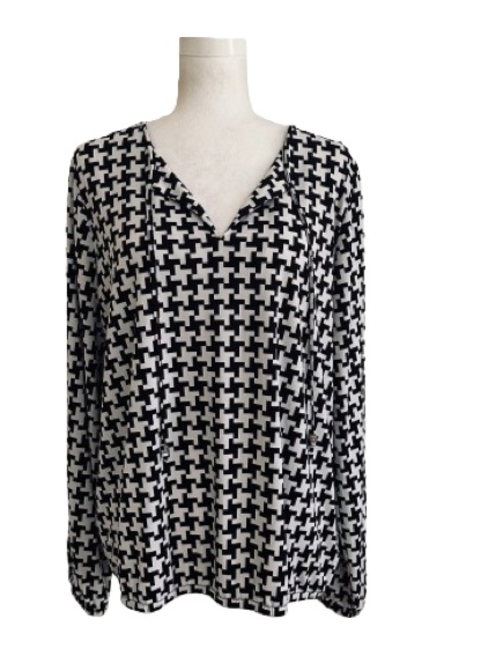Michael Kors Top Blouse Black White Long Slit Sleeves Geometric Print Size XL
